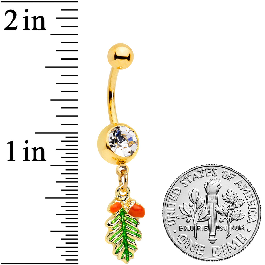 BodyCandy Clear Gem Gold Tone Acorns Pine Cone Autumn Dangle Belly Ring — detail close-up
