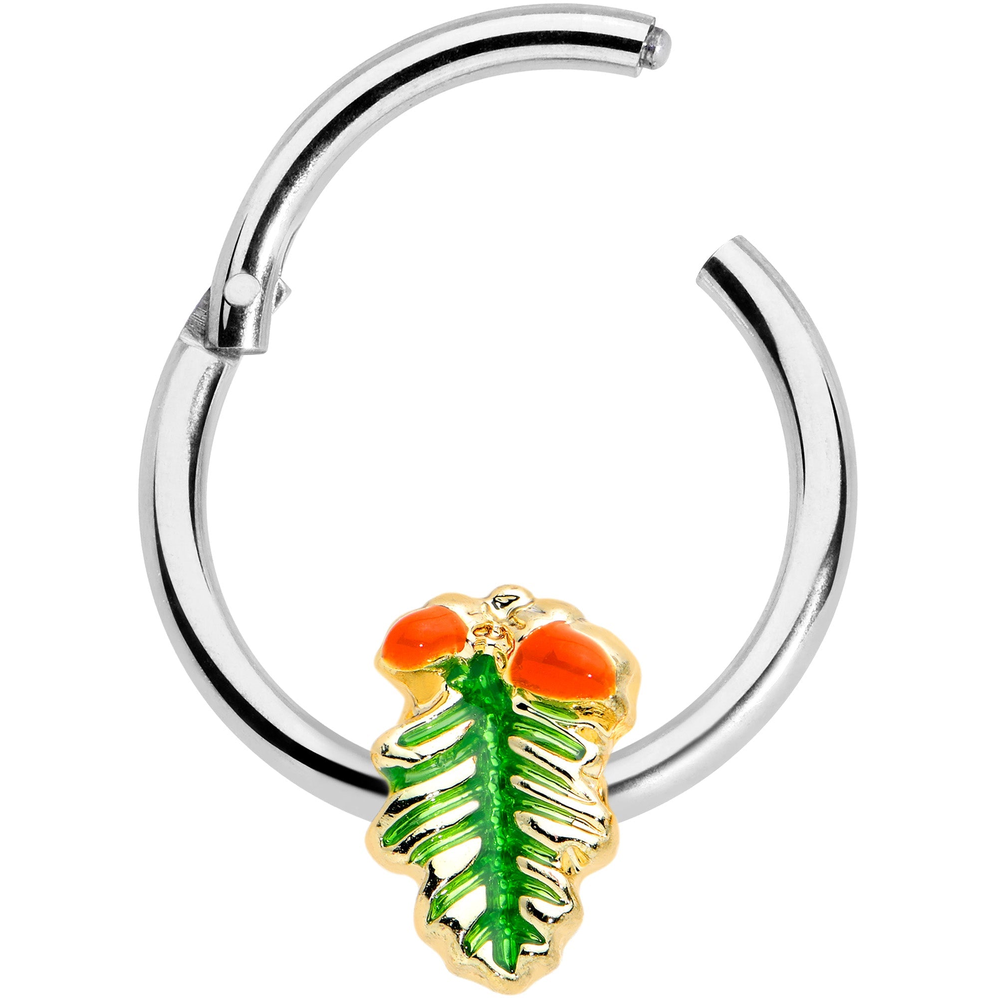 BodyCandy 16G 3/8 Acorns Pine Cone Autumn Hinged Segment Ring — detail close-up