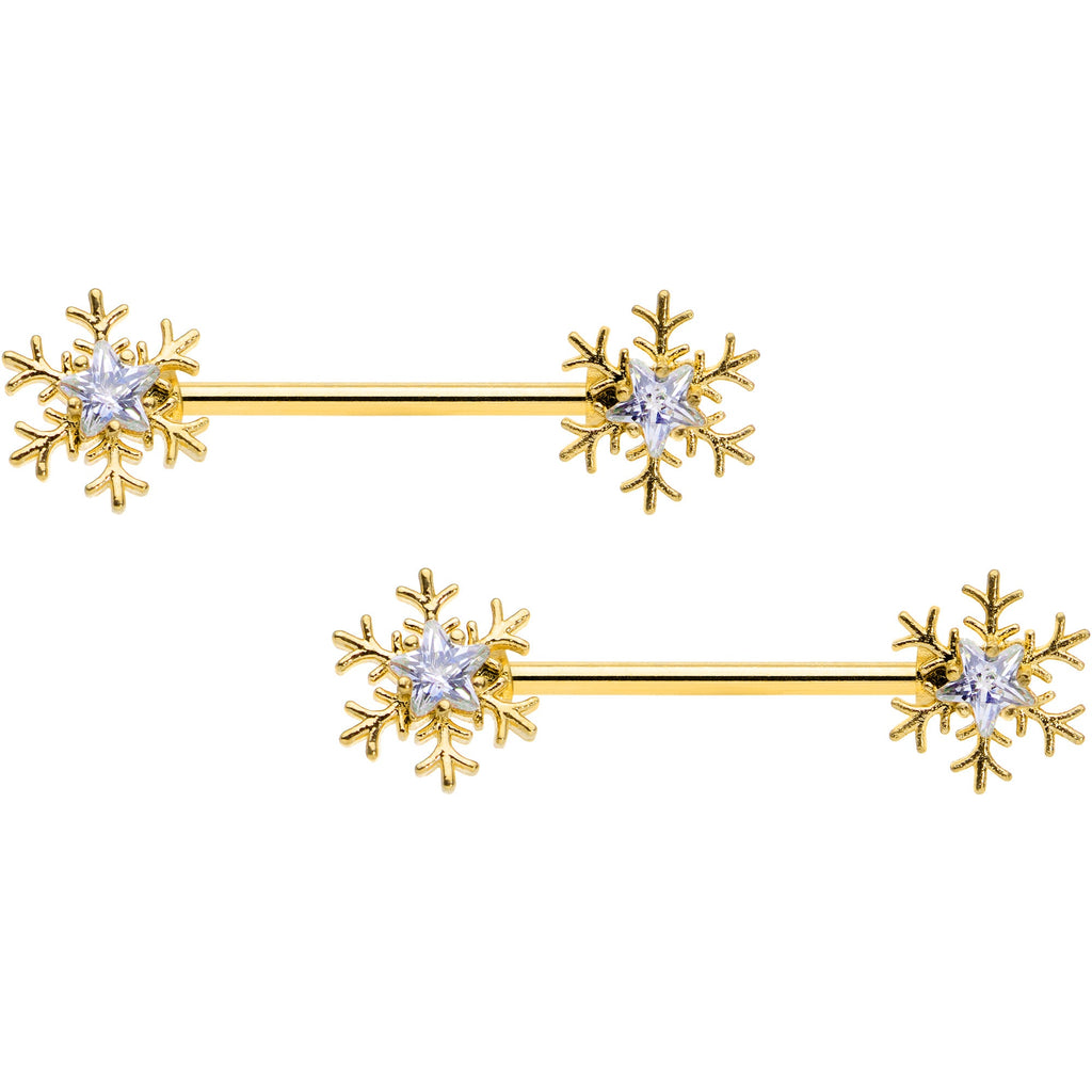 BodyCandy 14G 9/16 Clear Gem Gold Tone Snowflake Christmas Nipple Ring Set — main product shot