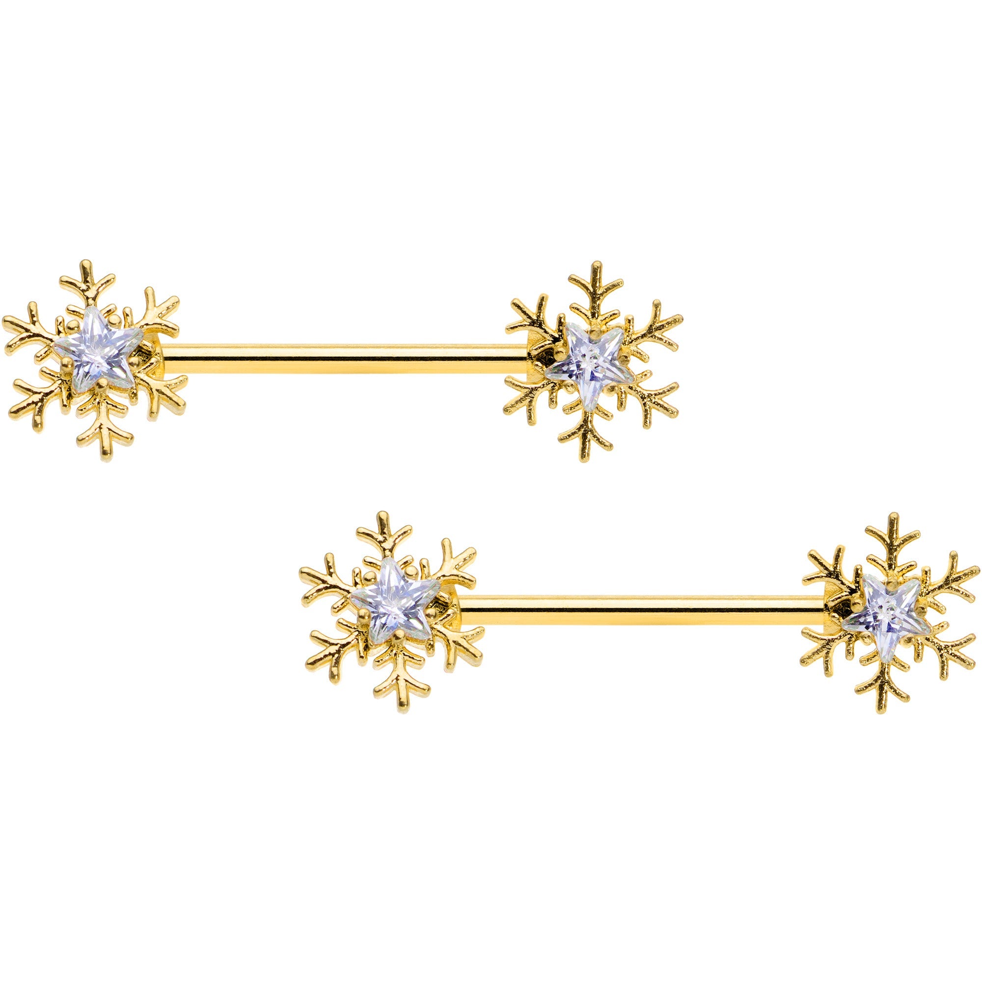 BodyCandy 14G 9/16 Clear Gem Gold Tone Snowflake Christmas Nipple Ring Set — main product shot