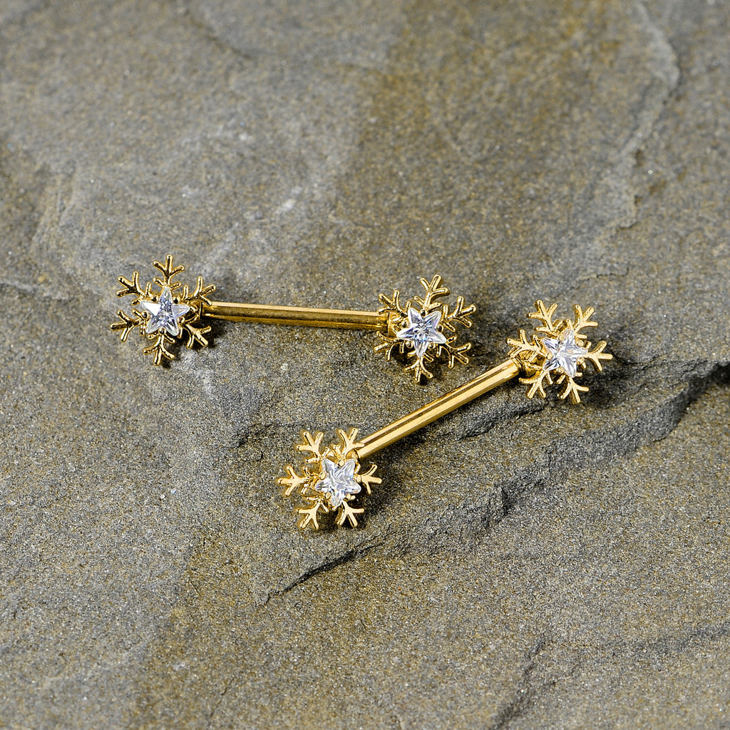 BodyCandy 14G 9/16 Clear Gem Gold Tone Snowflake Christmas Nipple Ring Set — detail close-up