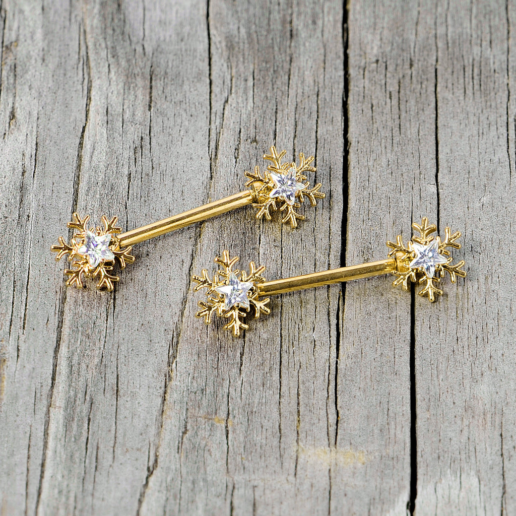 BodyCandy 14G 9/16 Clear Gem Gold Tone Snowflake Christmas Nipple Ring Set — lifestyle context