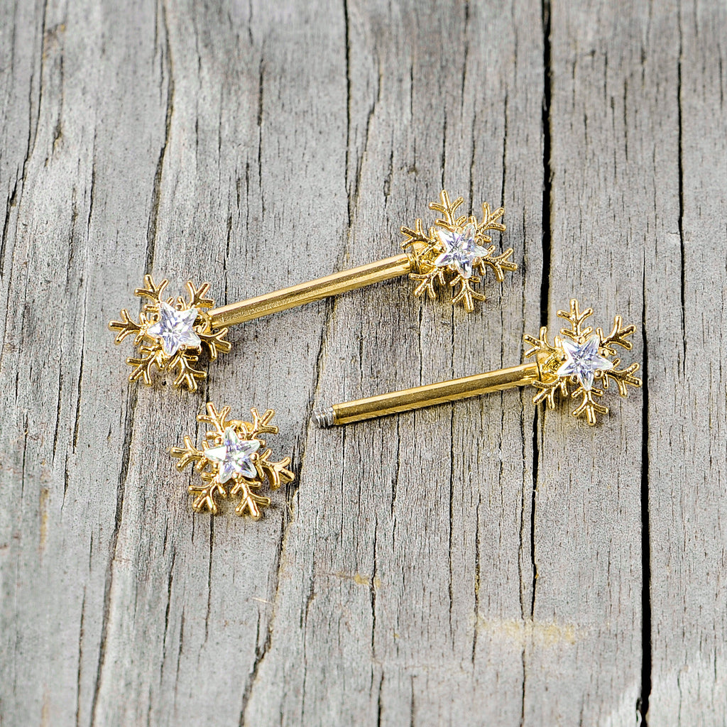 BodyCandy 14G 9/16 Clear Gem Gold Tone Snowflake Christmas Nipple Ring Set — side view