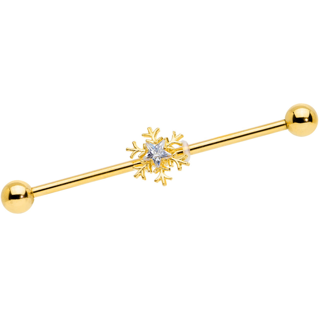 BodyCandy 14G Clear Gem Gold Hue Snowflake Christmas Industrial Barbell 38mm — main product shot