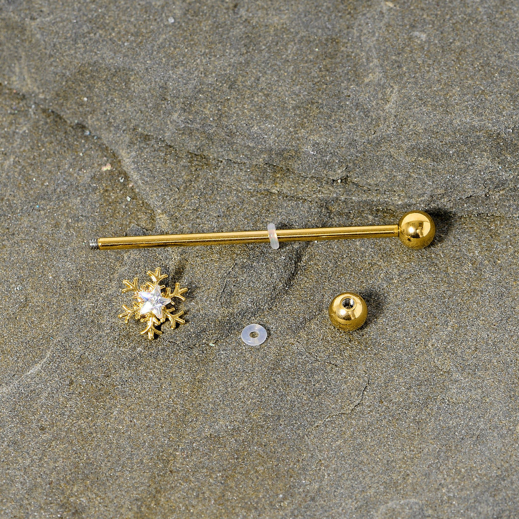BodyCandy 14G Clear Gem Gold Hue Snowflake Christmas Industrial Barbell 38mm — lifestyle context