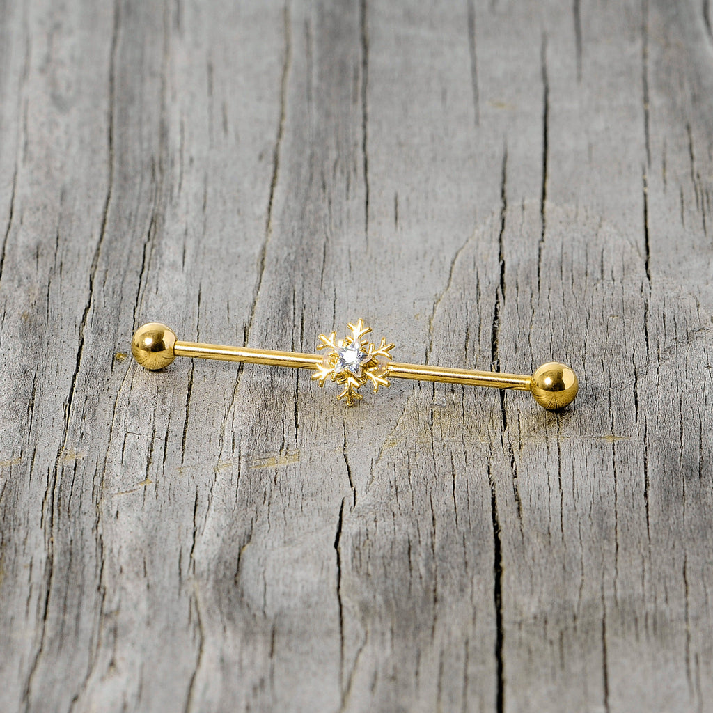 BodyCandy 14G Clear Gem Gold Hue Snowflake Christmas Industrial Barbell 38mm — side view
