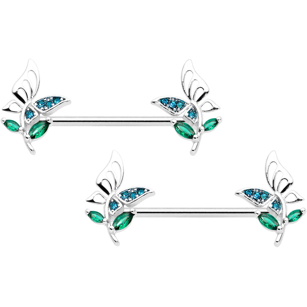 BodyCandy 14G 9/16 Blue Green Gem Floral Butterfly Nipple Ring Set — main product shot