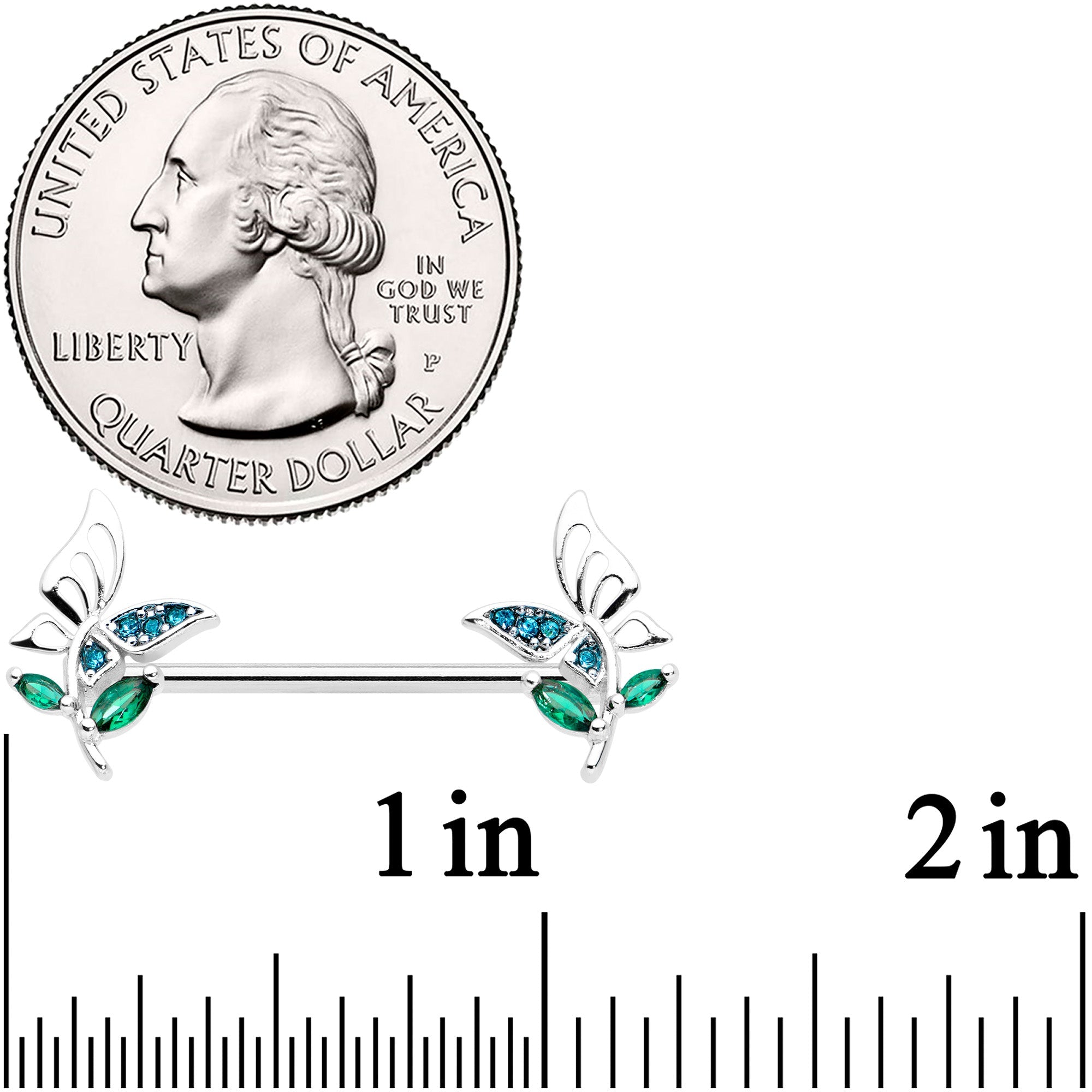 BodyCandy 14G 9/16 Blue Green Gem Floral Butterfly Nipple Ring Set — detail close-up