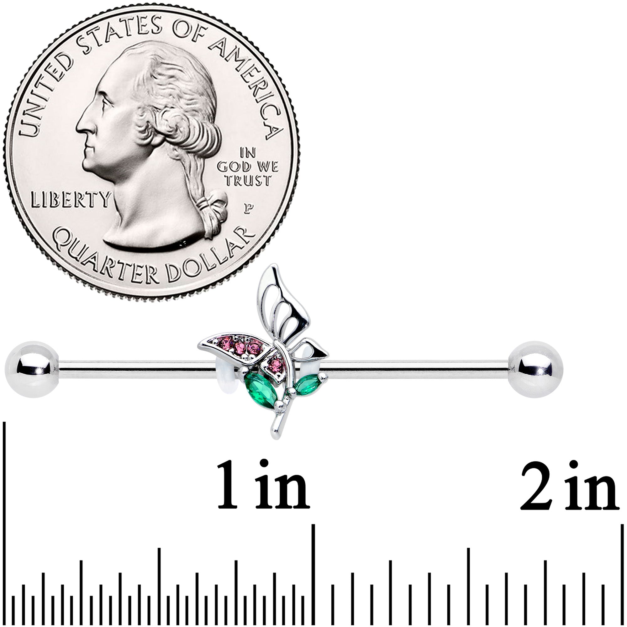 BodyCandy 14G Purple Green Gem Floral Butterfly Industrial Barbell 38mm — detail close-up
