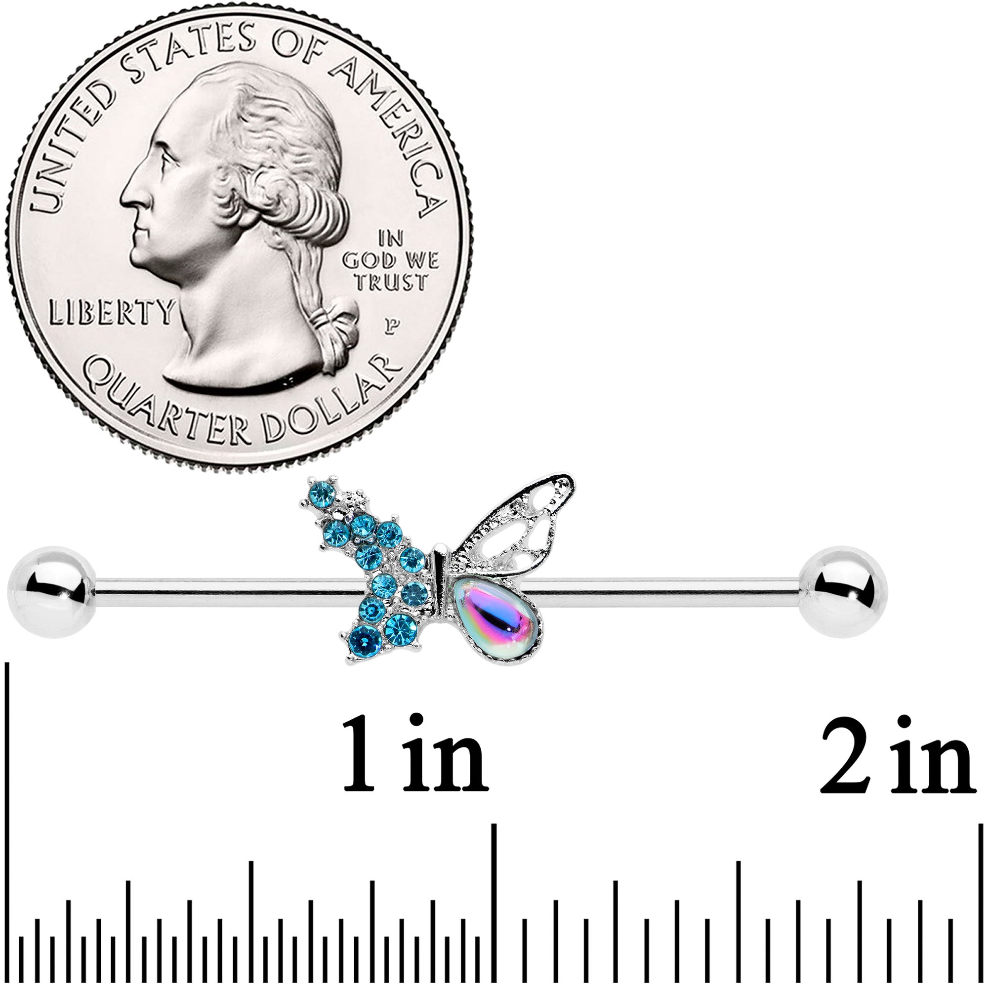 BodyCandy 14G Blue Aurora Gem Super Glam Butterfly Industrial Barbell 38mm — detail close-up