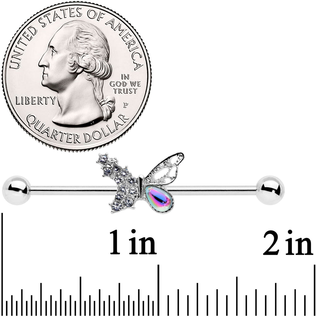 BodyCandy 14G Clear Aurora Gem Super Glam Butterfly Industrial Barbell 38mm — detail close-up