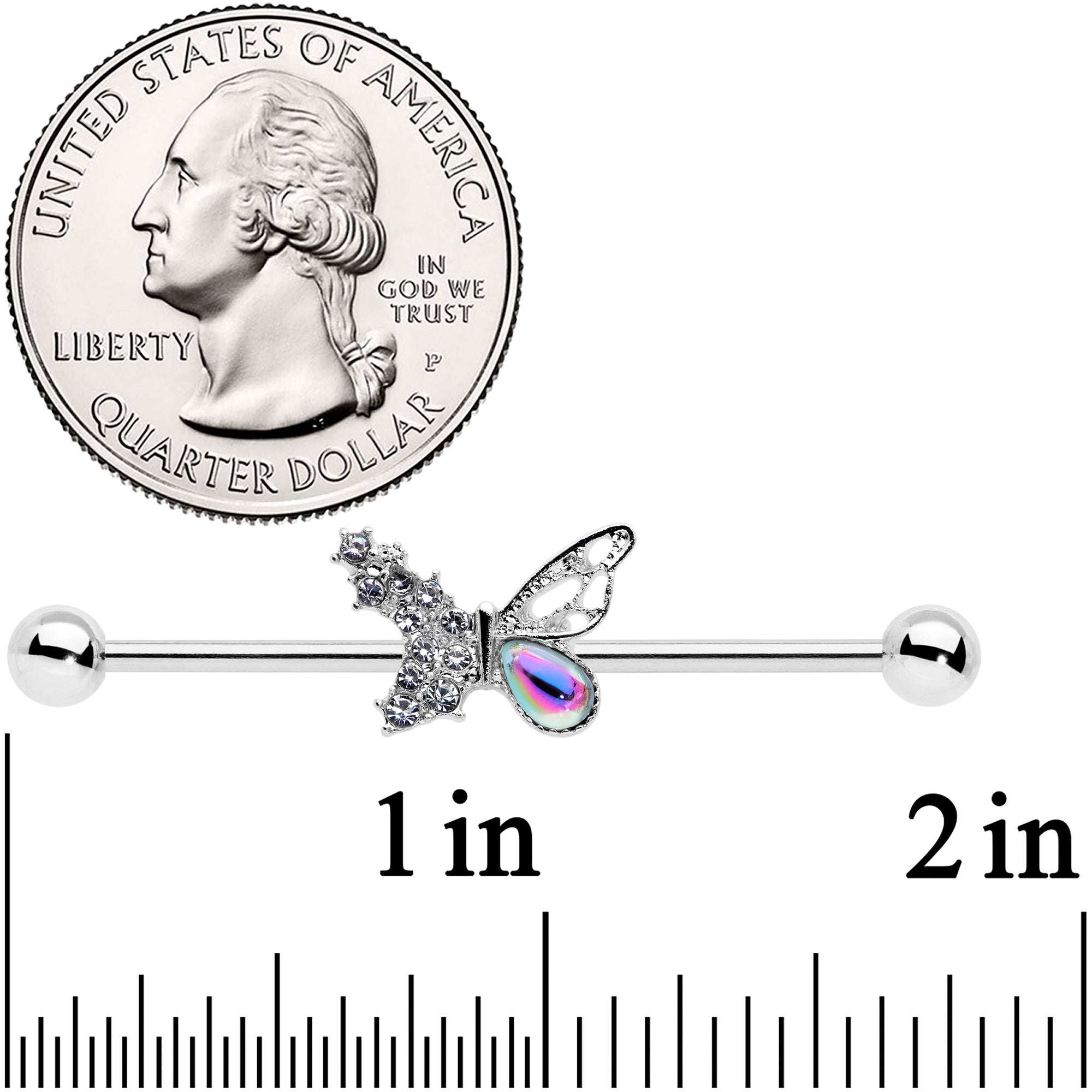 BodyCandy 14G Clear Aurora Gem Super Glam Butterfly Industrial Barbell 38mm — detail close-up