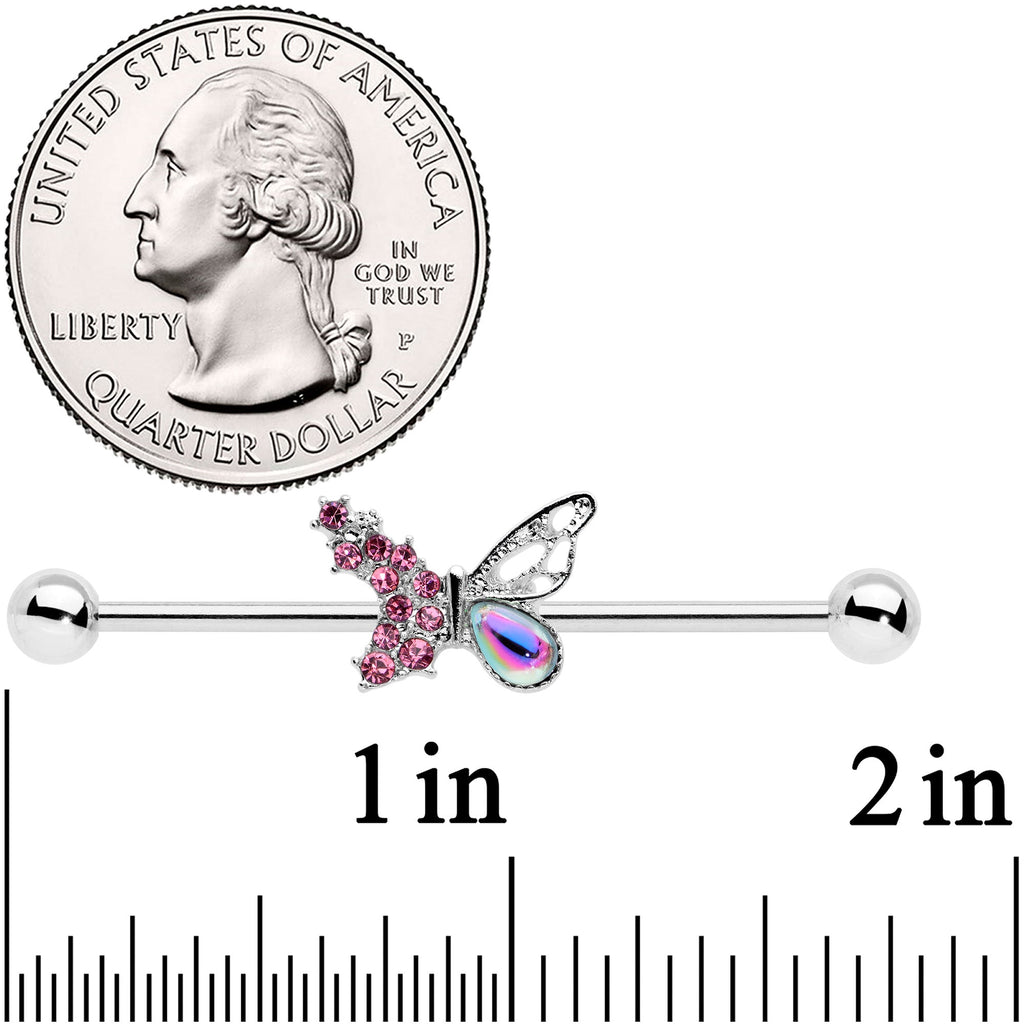 BodyCandy 14G Pink Aurora Gem Super Glam Butterfly Industrial Barbell 38mm — detail close-up