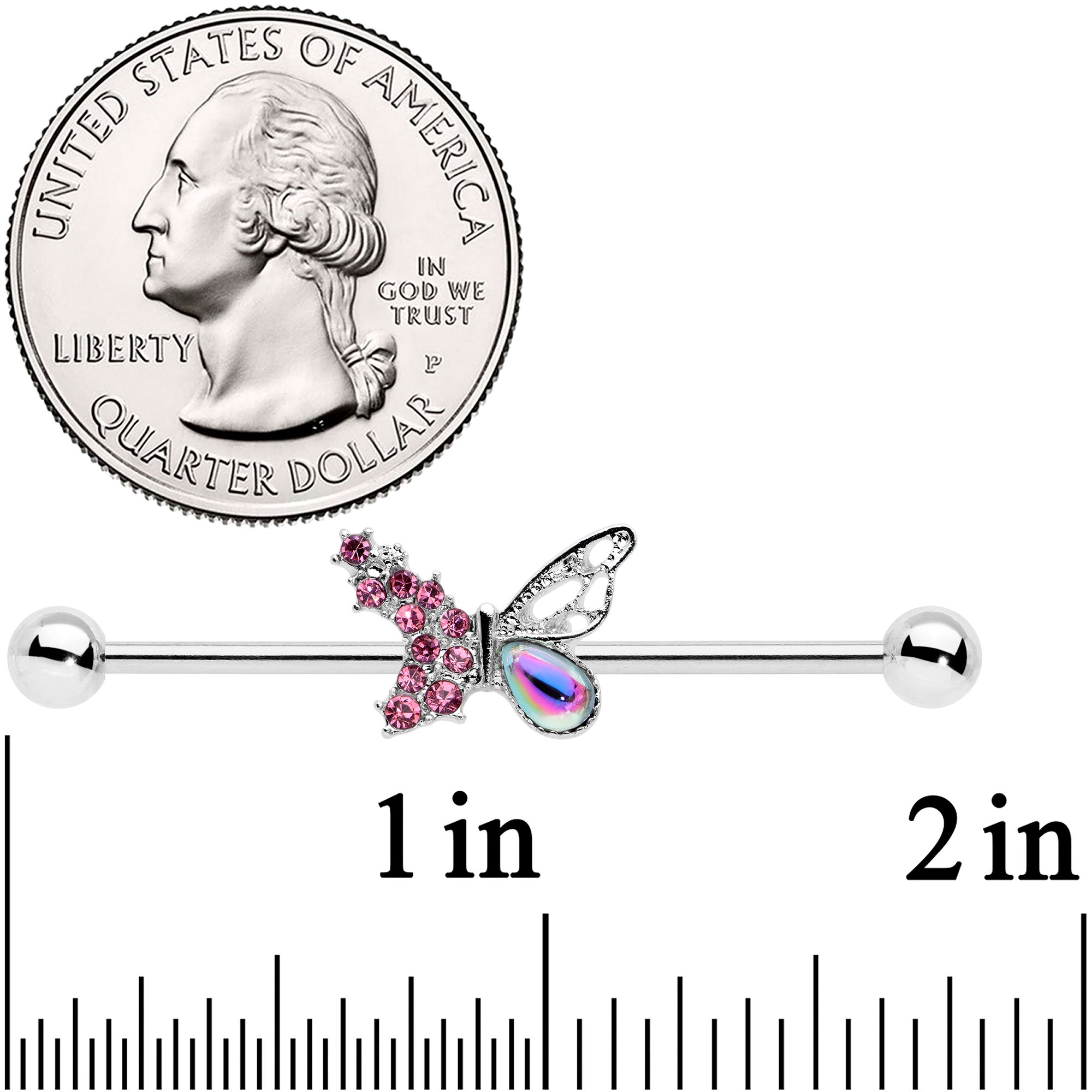 BodyCandy 14G Pink Aurora Gem Super Glam Butterfly Industrial Barbell 38mm — detail close-up