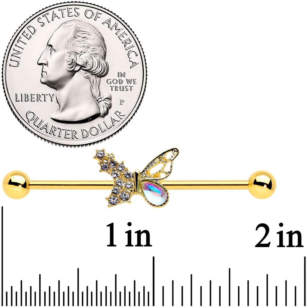 BodyCandy 14G Clear Gem Gold Tone Glam Butterfly Industrial Barbell 38mm — detail close-up