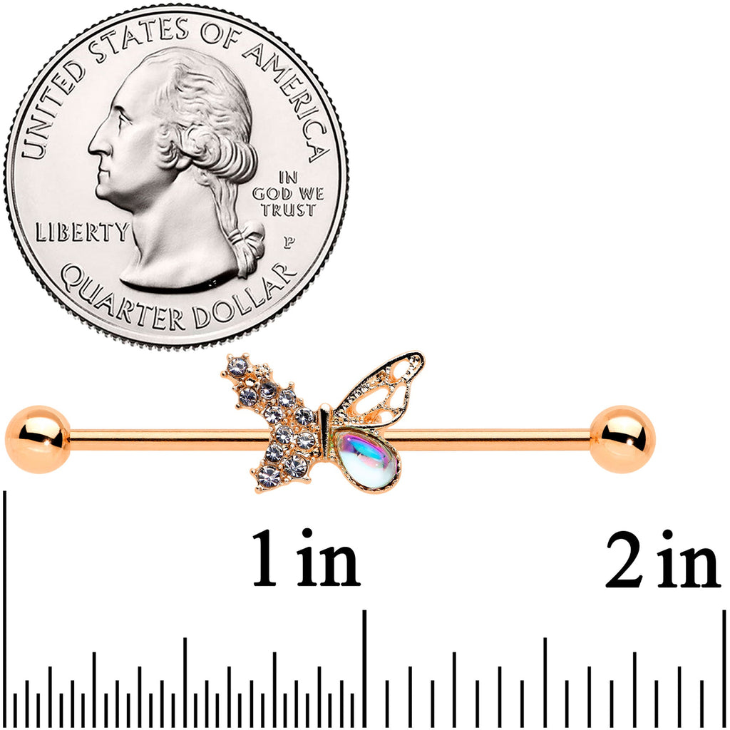 BodyCandy 14G Jeweled Rose Gold Tone Fancy Butterfly Industrial Barbell 38mm — detail close-up
