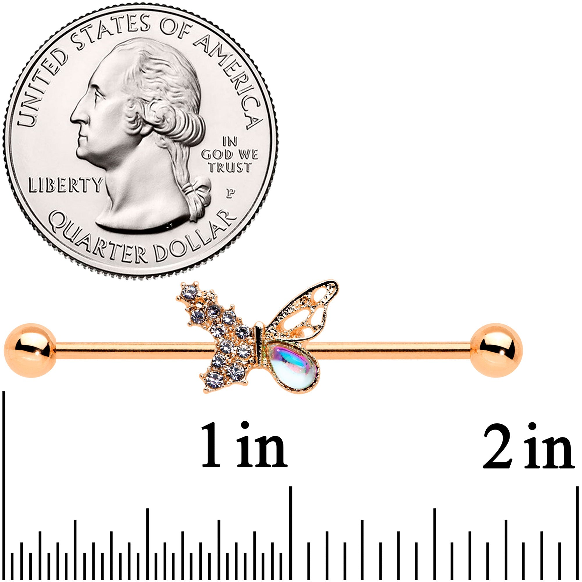 BodyCandy 14G Jeweled Rose Gold Tone Fancy Butterfly Industrial Barbell 38mm — detail close-up