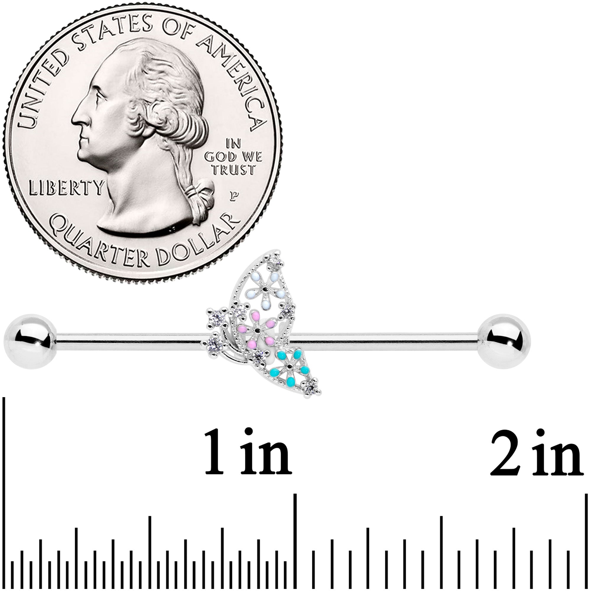 BodyCandy 14G Clear CZ Gem Abstract Butterfly Industrial Barbell 38mm — detail close-up