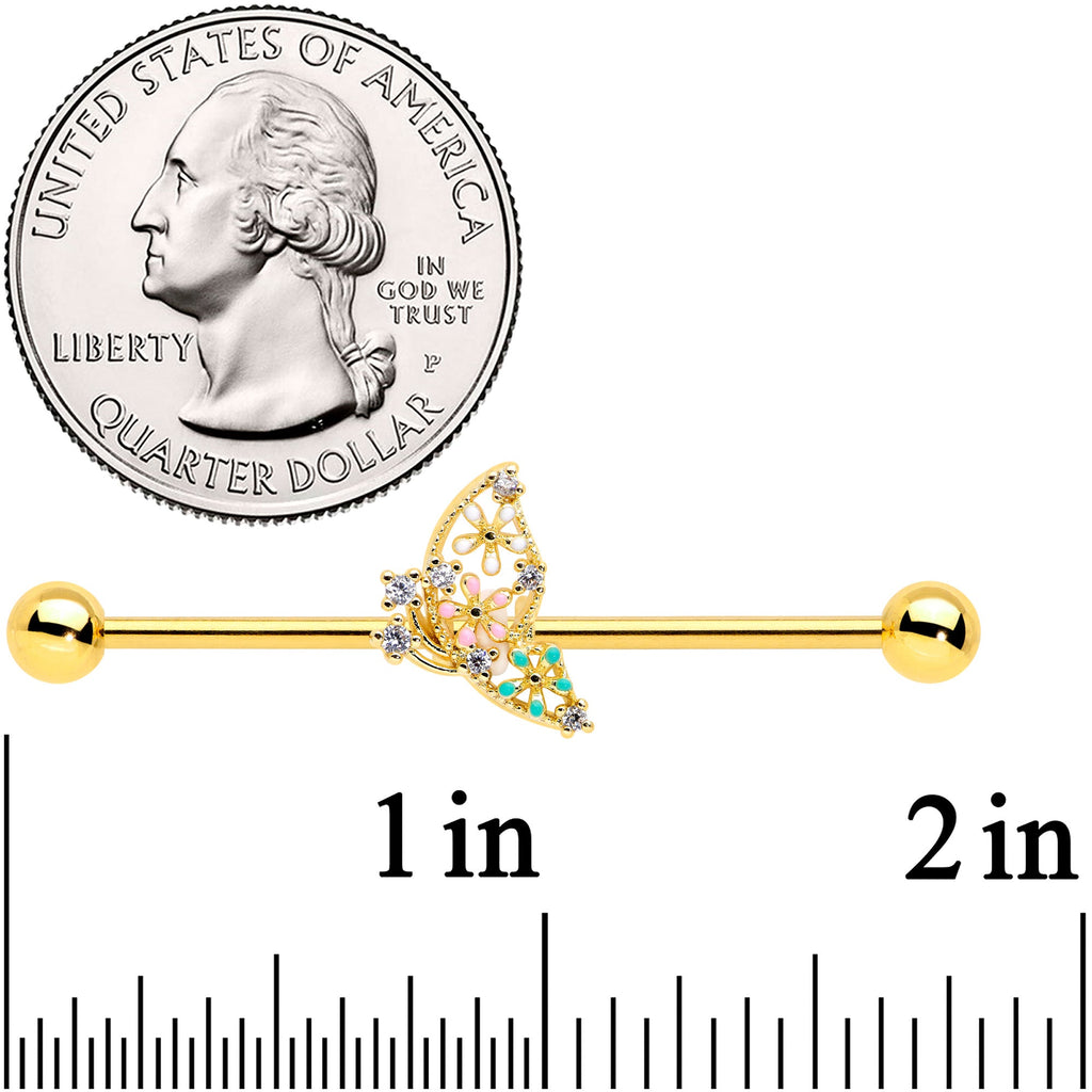 BodyCandy 14G Clear CZ Gem Gold Tone Abstract Industrial Barbell 38mm — detail close-up