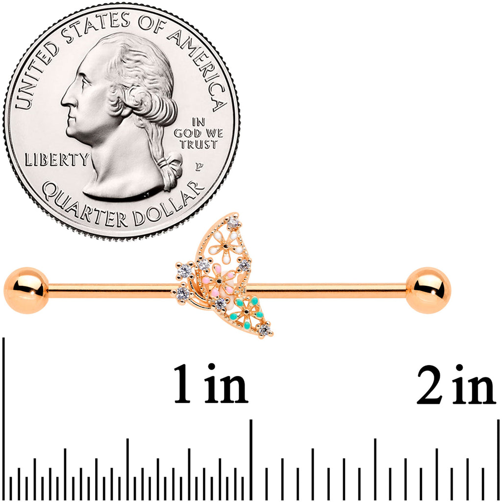 BodyCandy 14G Clear CZ Gem Rose Gold Tone Abstract Industrial Barbell 38mm — detail close-up