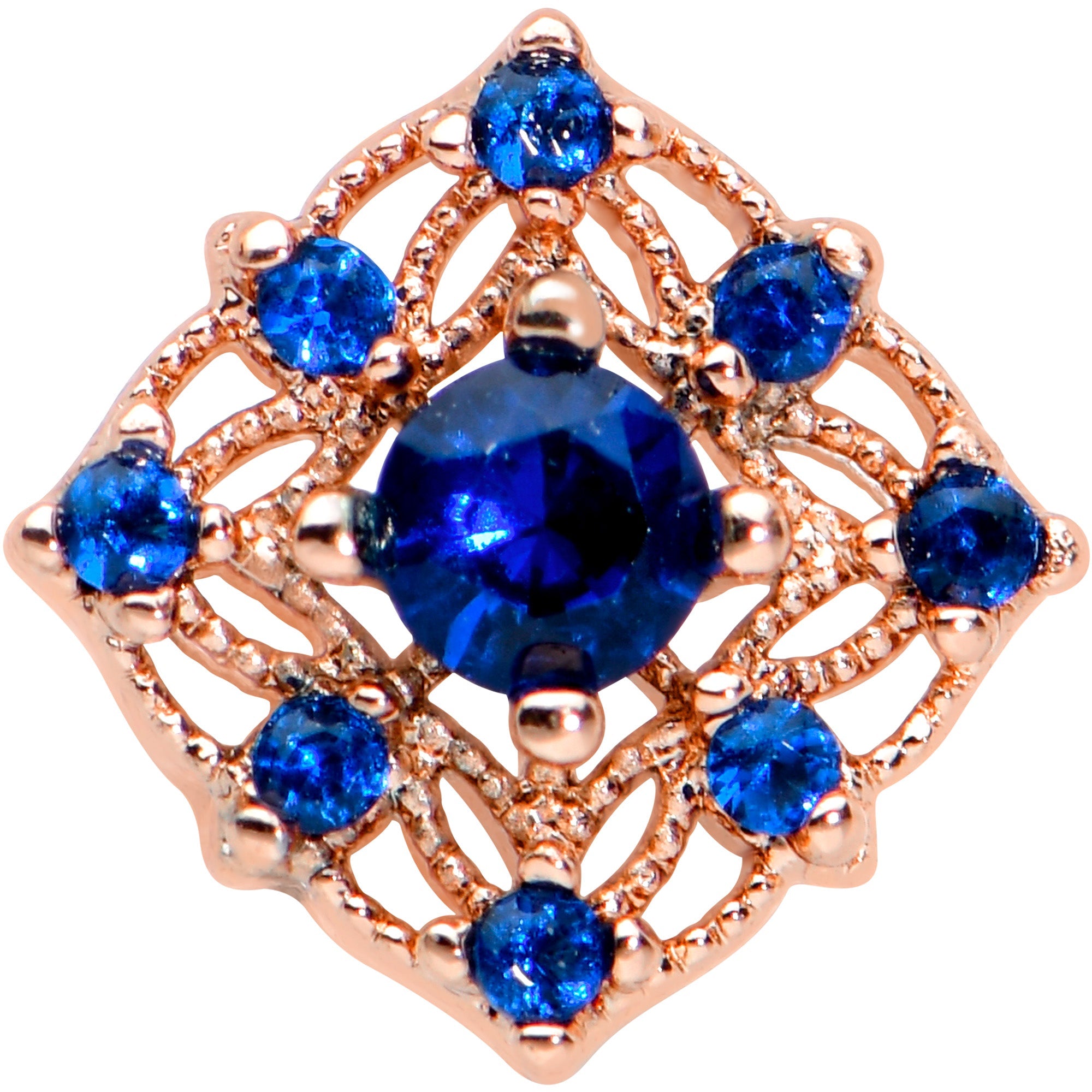 BodyCandy 16G 5/16 Blue Gem Rose Gold Tone Night Star Labret Monroe Tragus — detail close-up