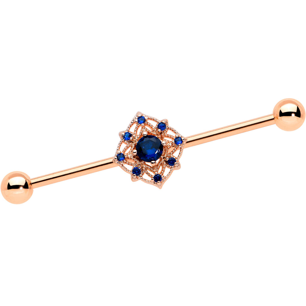 BodyCandy 14G Blue Gem Rose Gold Tone Wicked Web Industrial Barbell 38mm — main product shot