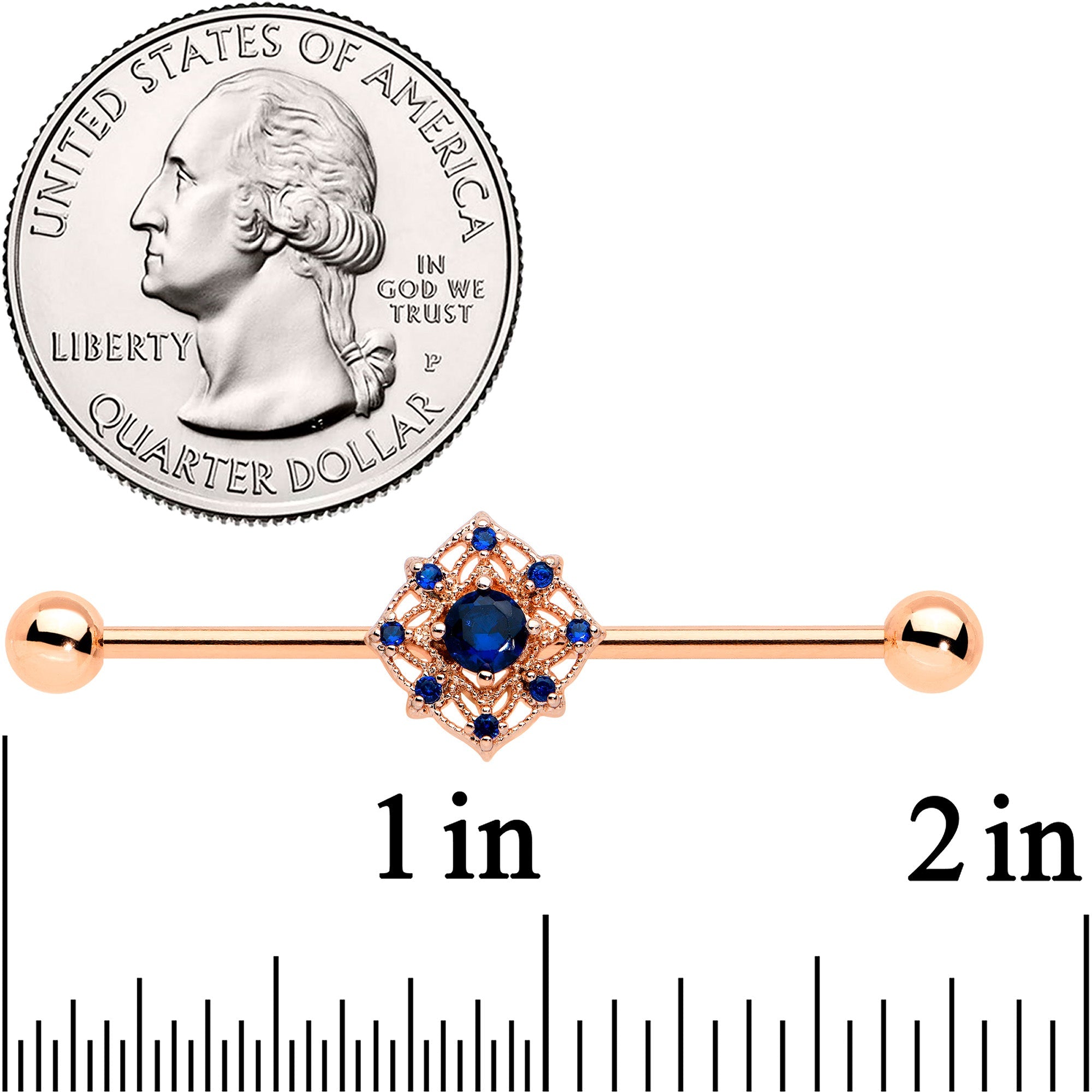 BodyCandy 14G Blue Gem Rose Gold Tone Wicked Web Industrial Barbell 38mm — detail close-up