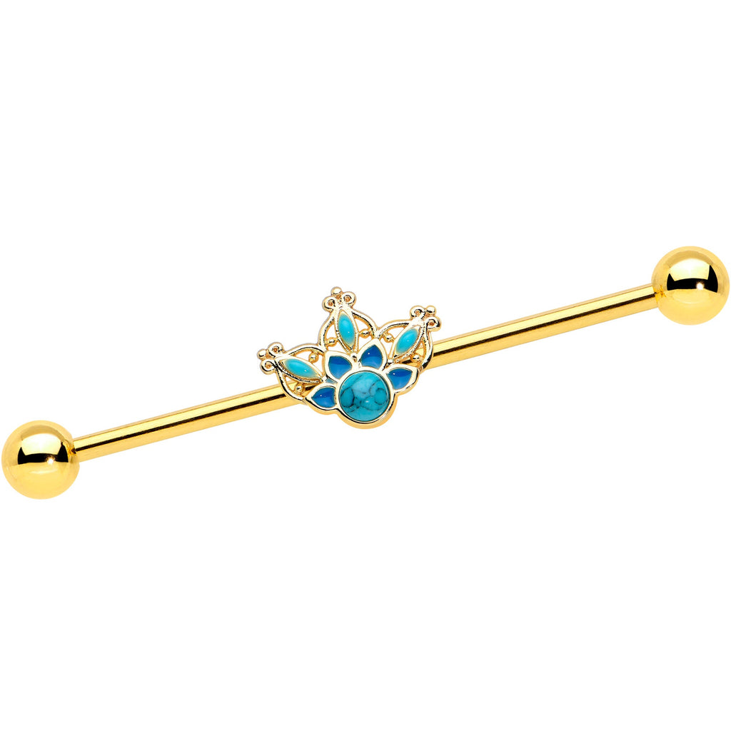 BodyCandy 14G Turquoise Gold Tone Opulent Bloom Industrial Barbell 38mm — main product shot