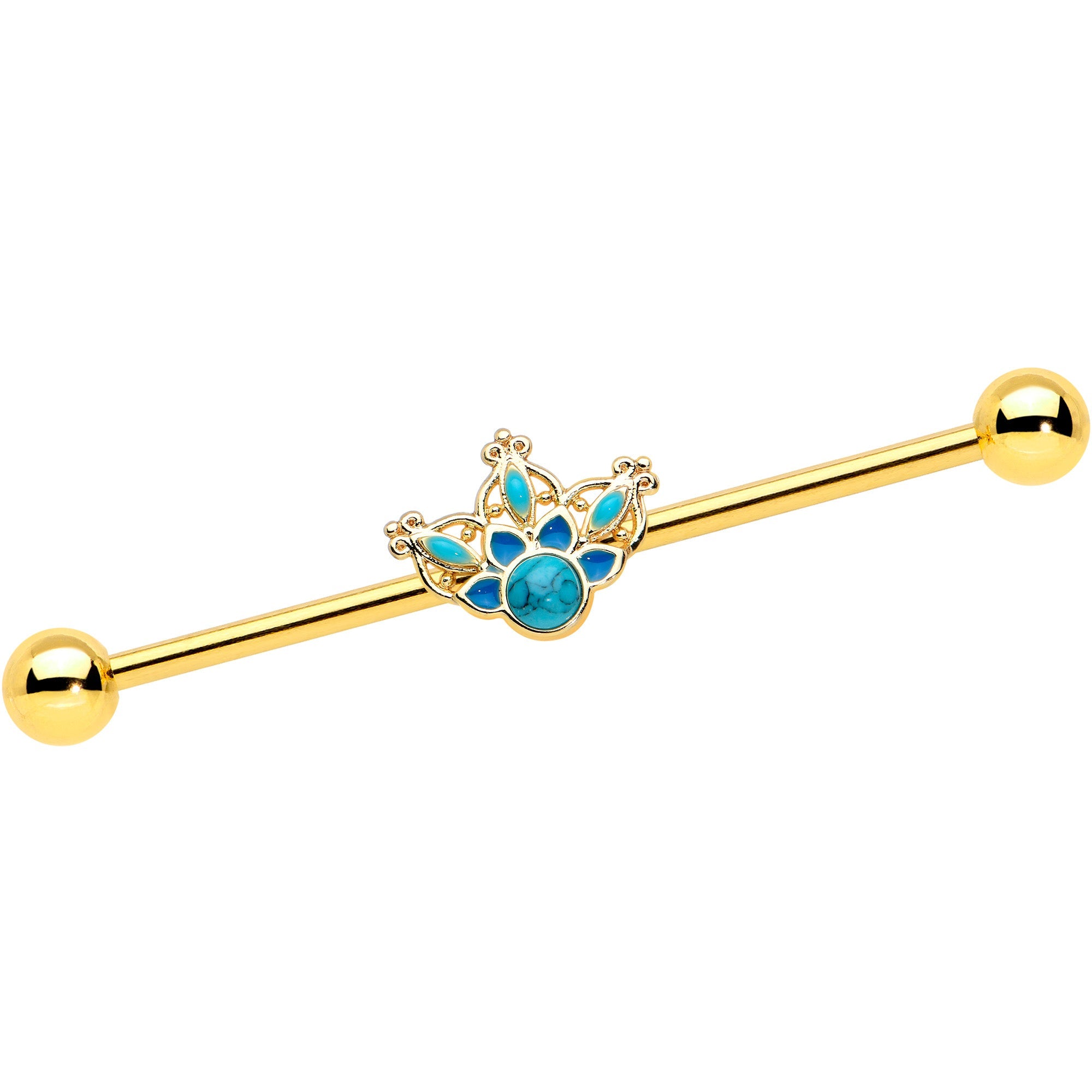 BodyCandy 14G Turquoise Gold Tone Opulent Bloom Industrial Barbell 38mm — main product shot