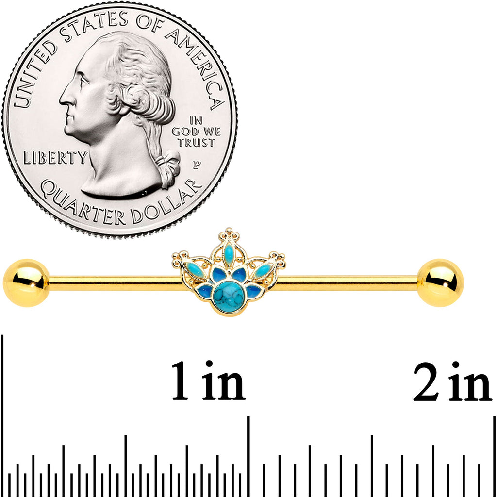 BodyCandy 14G Turquoise Gold Tone Opulent Bloom Industrial Barbell 38mm — detail close-up