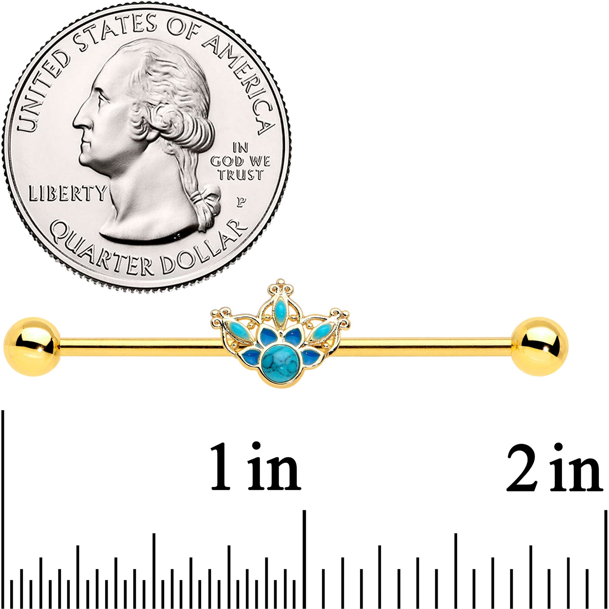 BodyCandy 14G Turquoise Gold Tone Opulent Bloom Industrial Barbell 38mm — detail close-up