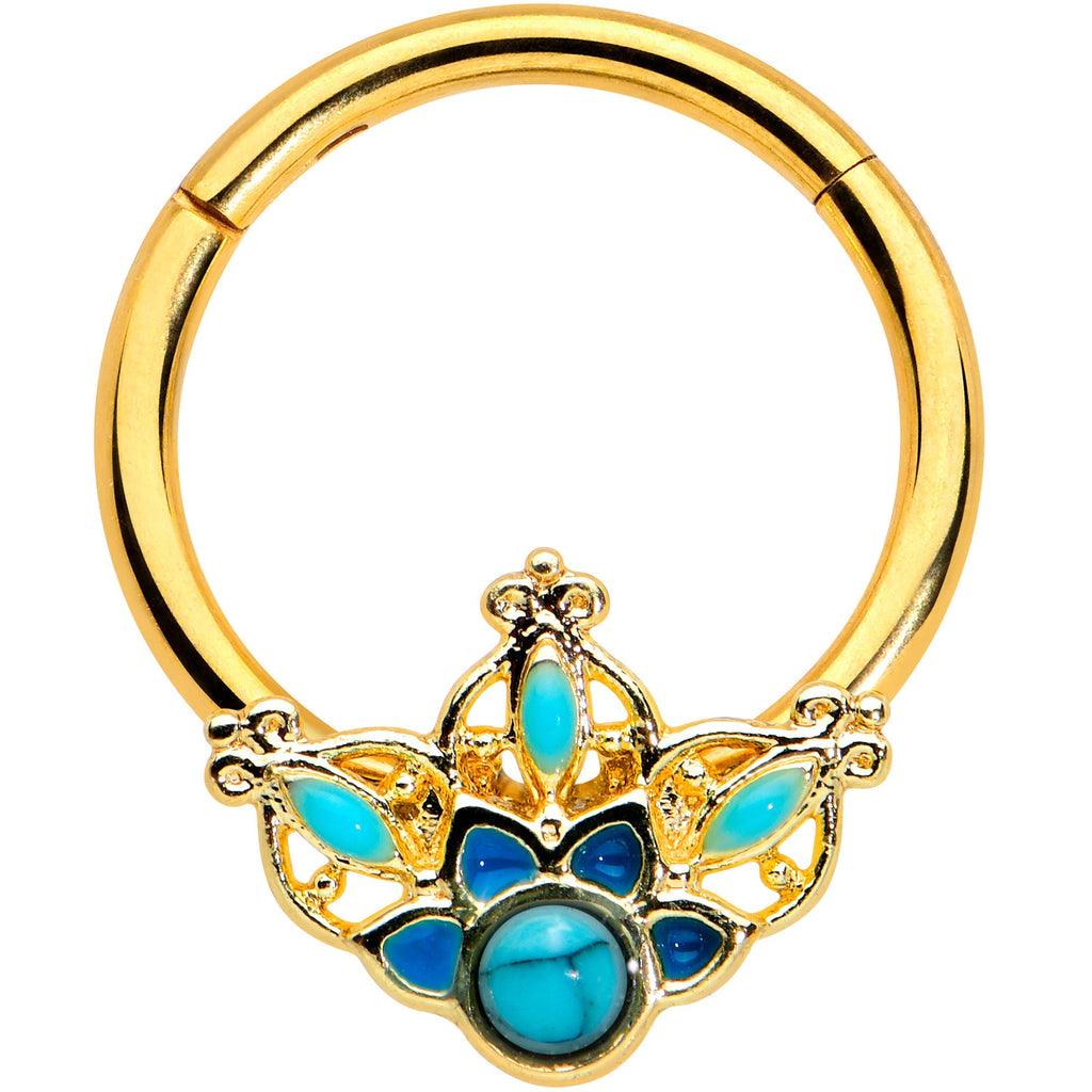BodyCandy 16G 3/8 Turquoise Gold Tone Opulent Flower Hinged Segment Ring — main product shot