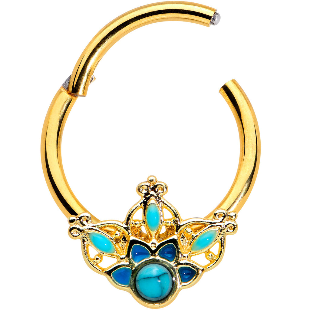 BodyCandy 16G 3/8 Turquoise Gold Tone Opulent Flower Hinged Segment Ring — detail close-up