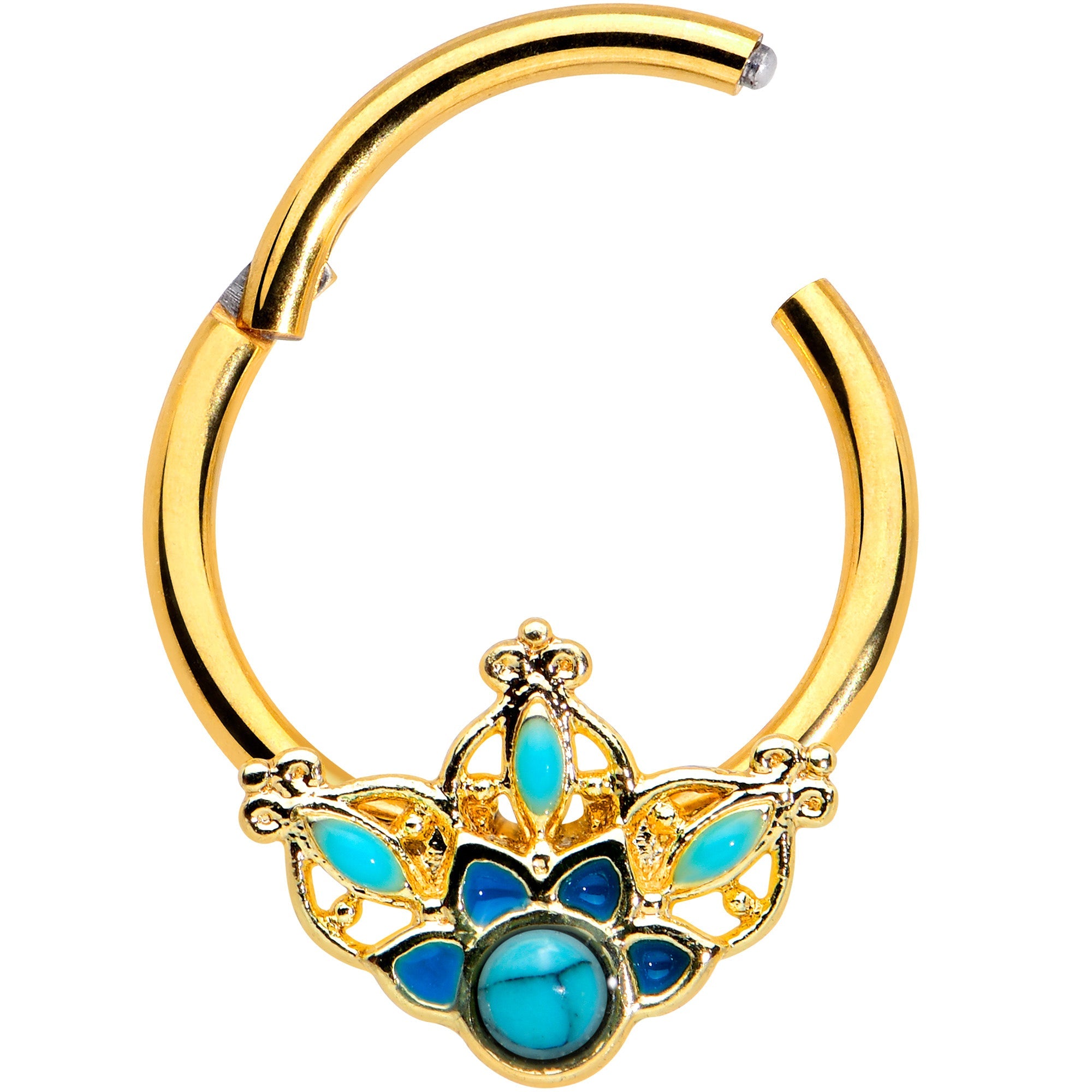 BodyCandy 16G 3/8 Turquoise Gold Tone Opulent Flower Hinged Segment Ring — detail close-up
