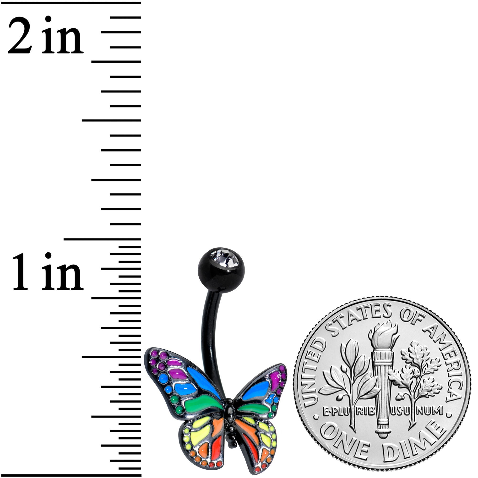 BodyCandy Clear Gem Black Rainbow Pride Butterfly Belly Ring — detail close-up