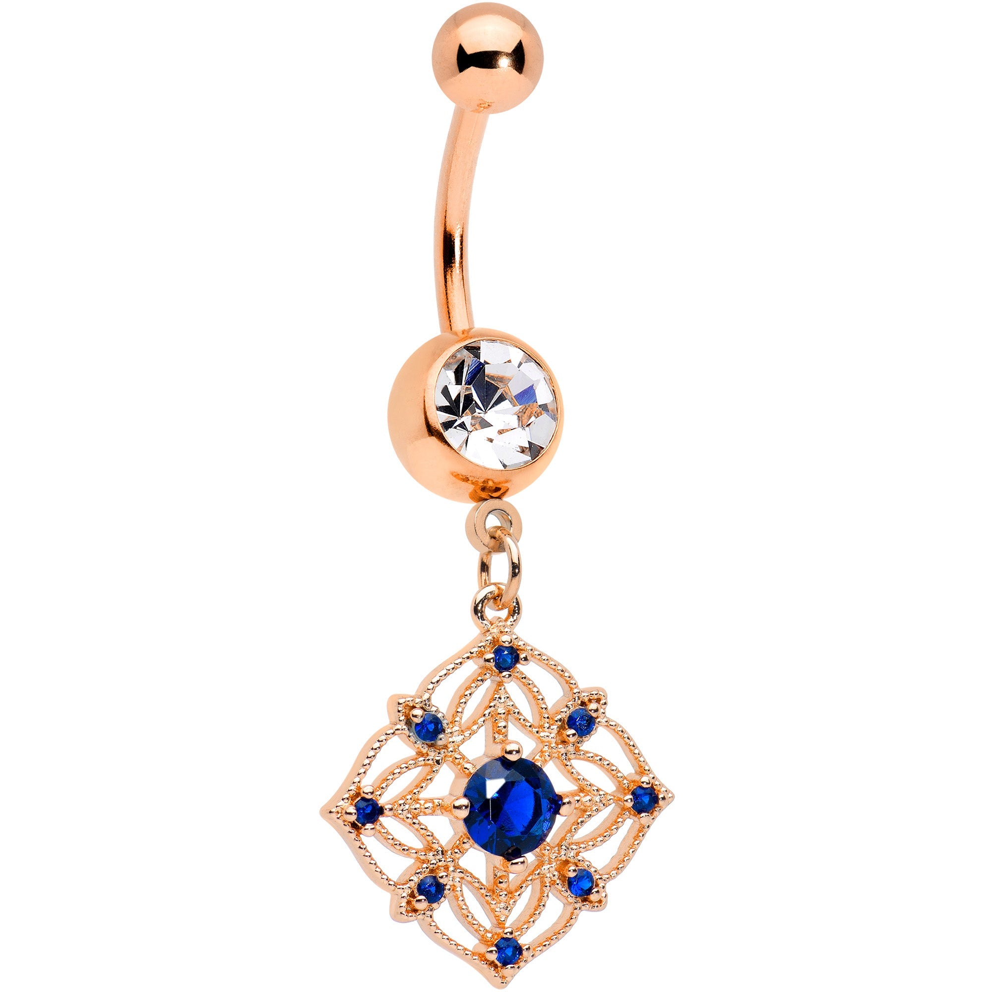 BodyCandy Clear Blue Gem Rose Gold Tone Wicked Web Dangle Belly Ring — main product shot