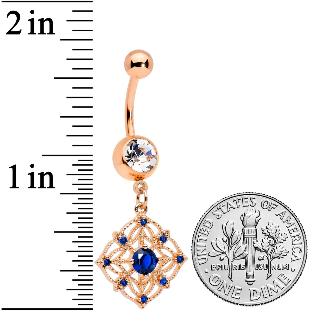 BodyCandy Clear Blue Gem Rose Gold Tone Wicked Web Dangle Belly Ring — detail close-up