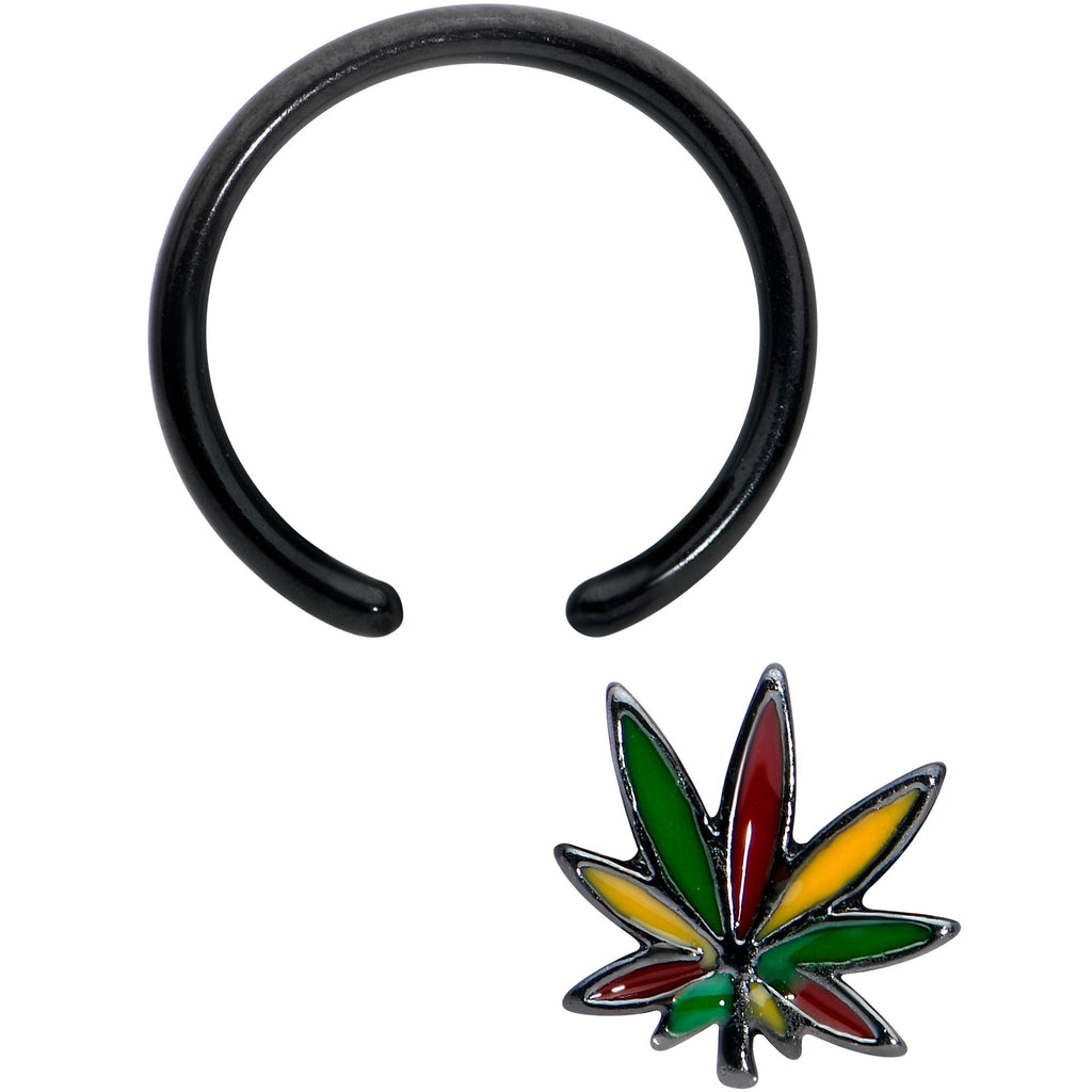 BodyCandy 16G 3/8 Black Multicolor Pot Leaf BCR Captive Bead Ring — detail close-up