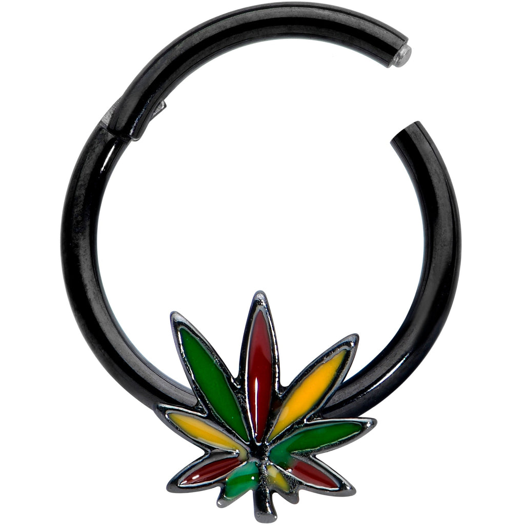 BodyCandy 16G 5/16 Black Multicolor Pot Leaf Hinged Segment Ring — detail close-up
