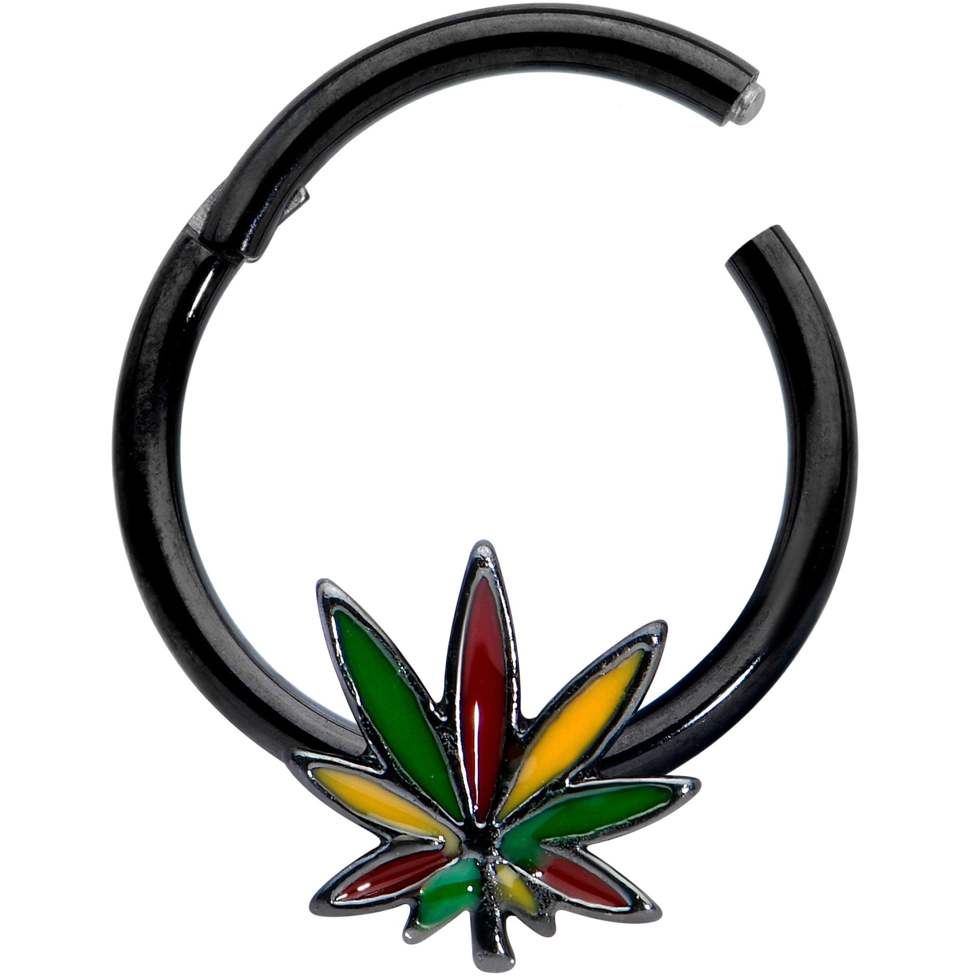 BodyCandy 16G 5/16 Black Multicolor Pot Leaf Hinged Segment Ring — detail close-up