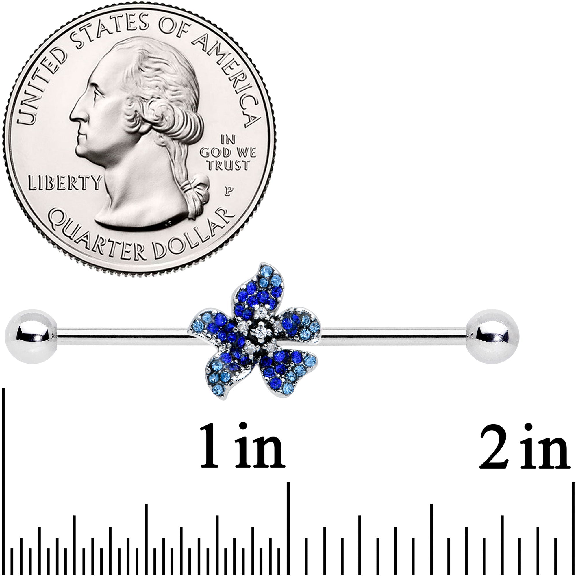 BodyCandy 14G Clear Blue Gem Evening Flower Industrial Barbell 38mm — detail close-up