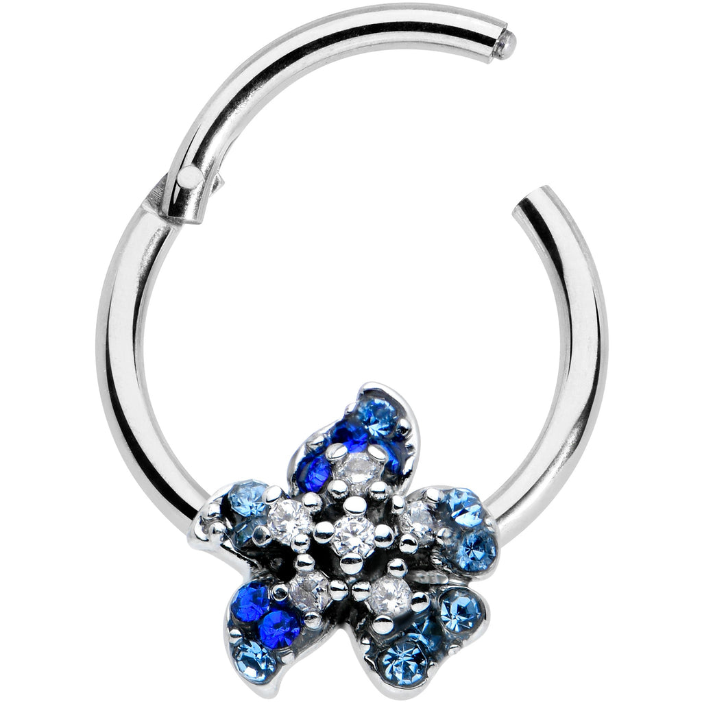 BodyCandy 16G 3/8 Clear Blue Gem Evening Flower Hinged Segment Ring — detail close-up