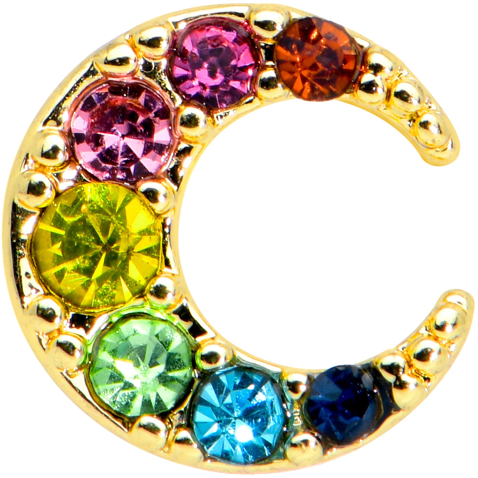 BodyCandy 16G 1/4 Rainbow Gem Gold Tone Crescent Moon Labret Tragus — detail close-up