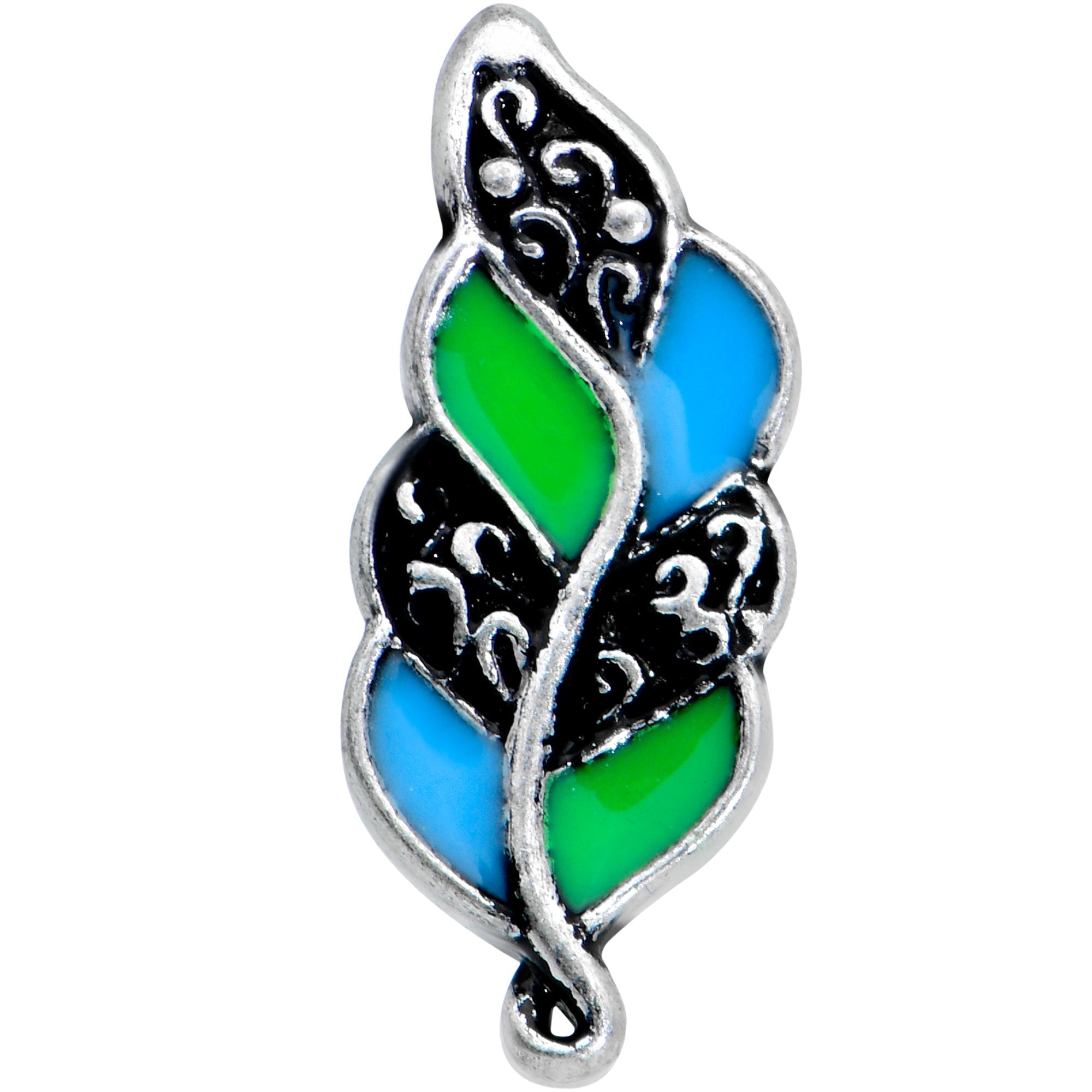 BodyCandy 16G 1/4 Filigree Blue Green Leaves Labret Monroe Tragus — detail close-up