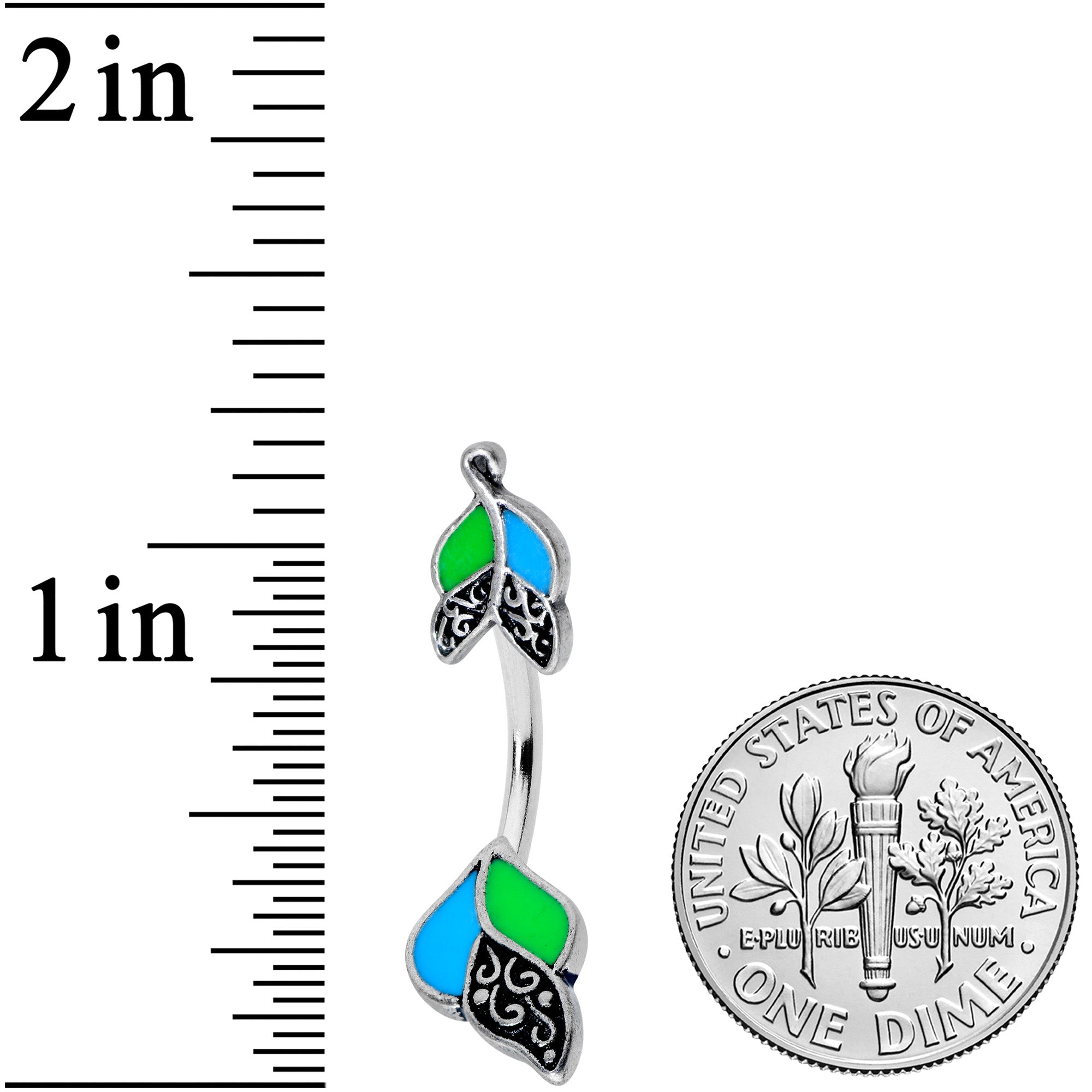 BodyCandy Fligree Blue Green Leaves Double Mount Belly Ring — detail close-up