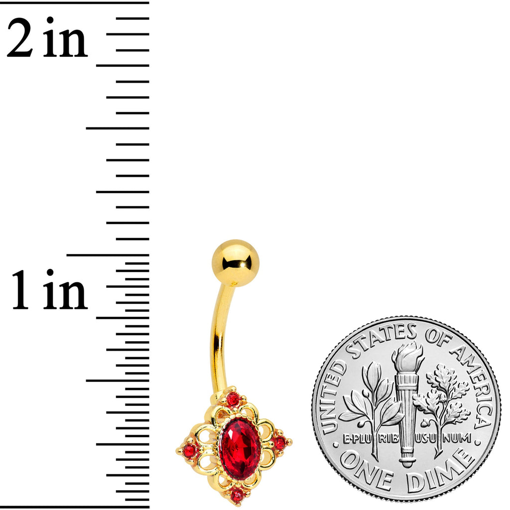 BodyCandy Red Gem Gold Tone Rich Regal Rhombus Belly Ring — detail close-up
