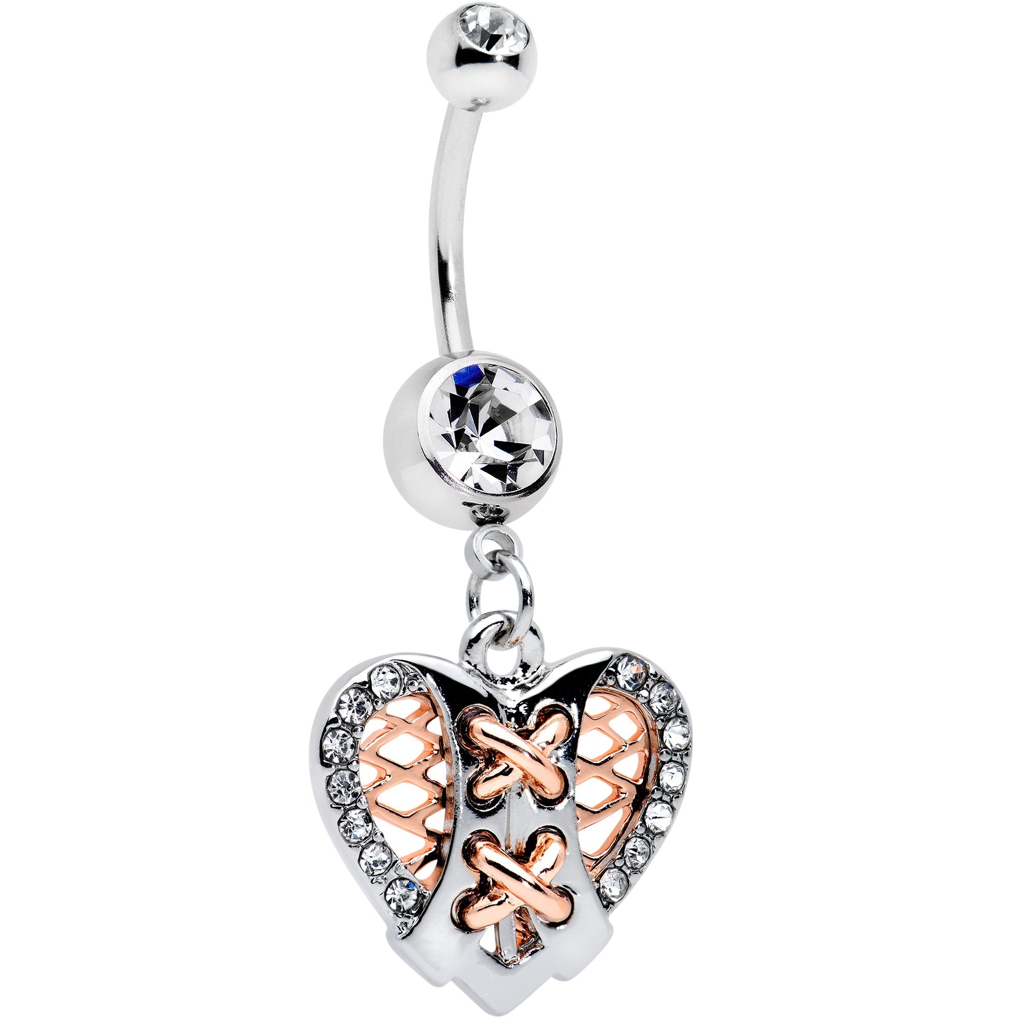 BodyCandy Clear CZ Gem Tie Me Up Corset Heart Valentines Day Dangle Belly Ring — main product shot