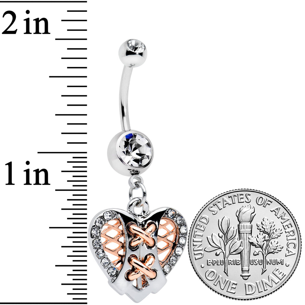 BodyCandy Clear CZ Gem Tie Me Up Corset Heart Valentines Day Dangle Belly Ring — detail close-up