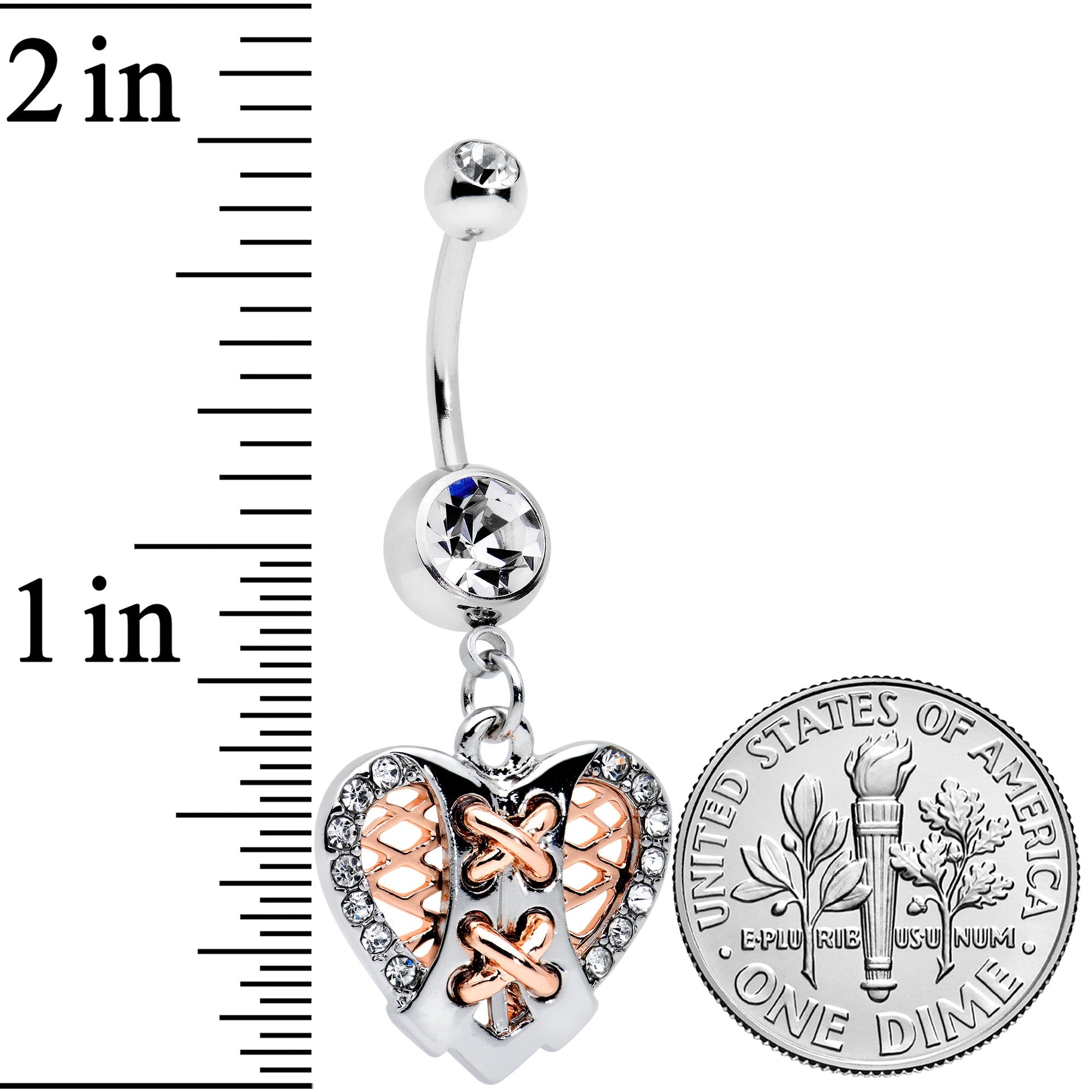 BodyCandy Clear CZ Gem Tie Me Up Corset Heart Valentines Day Dangle Belly Ring — detail close-up