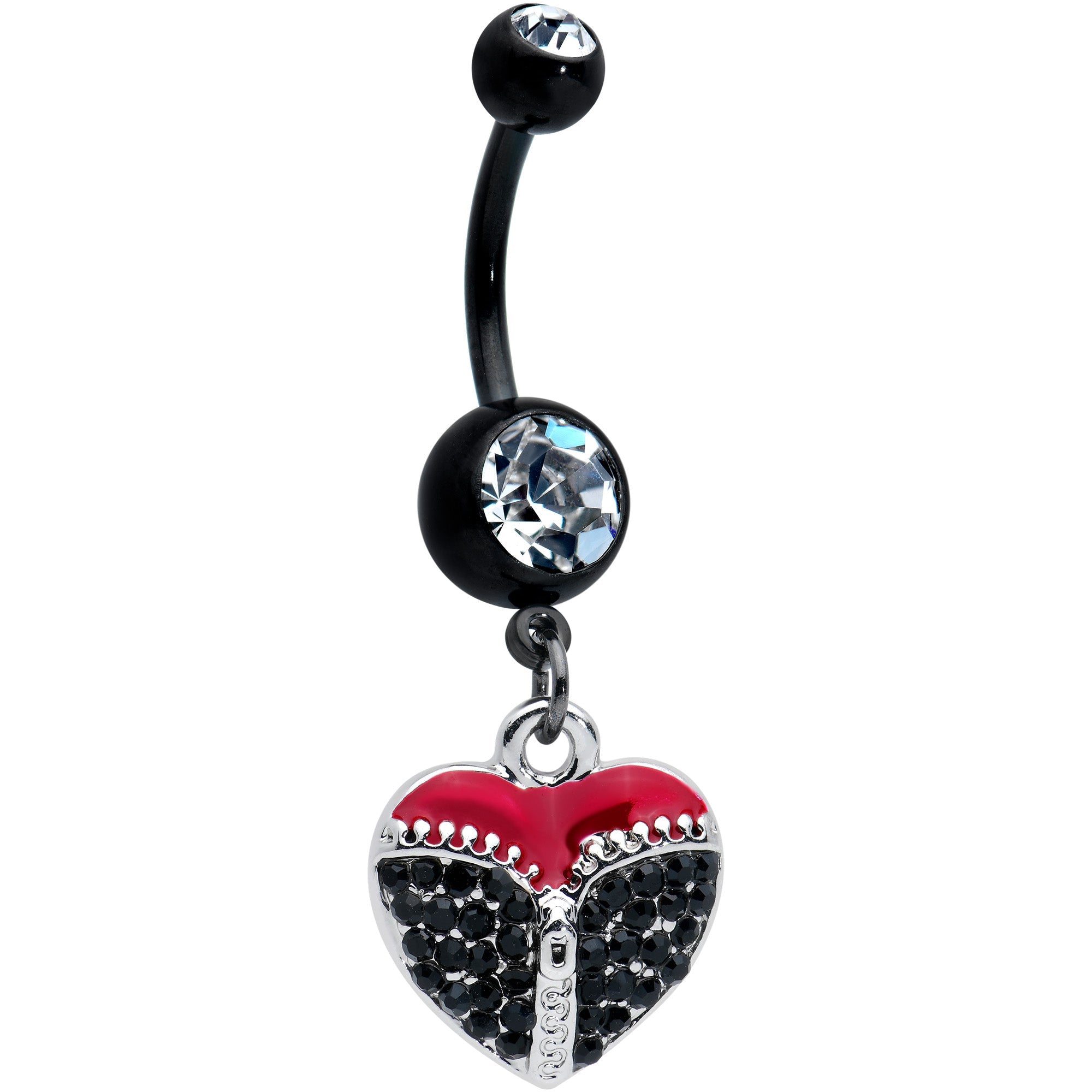 BodyCandy Clear Black CZ Gem Black Get Unzipped Heart Valentines Day Belly Ring — main product shot